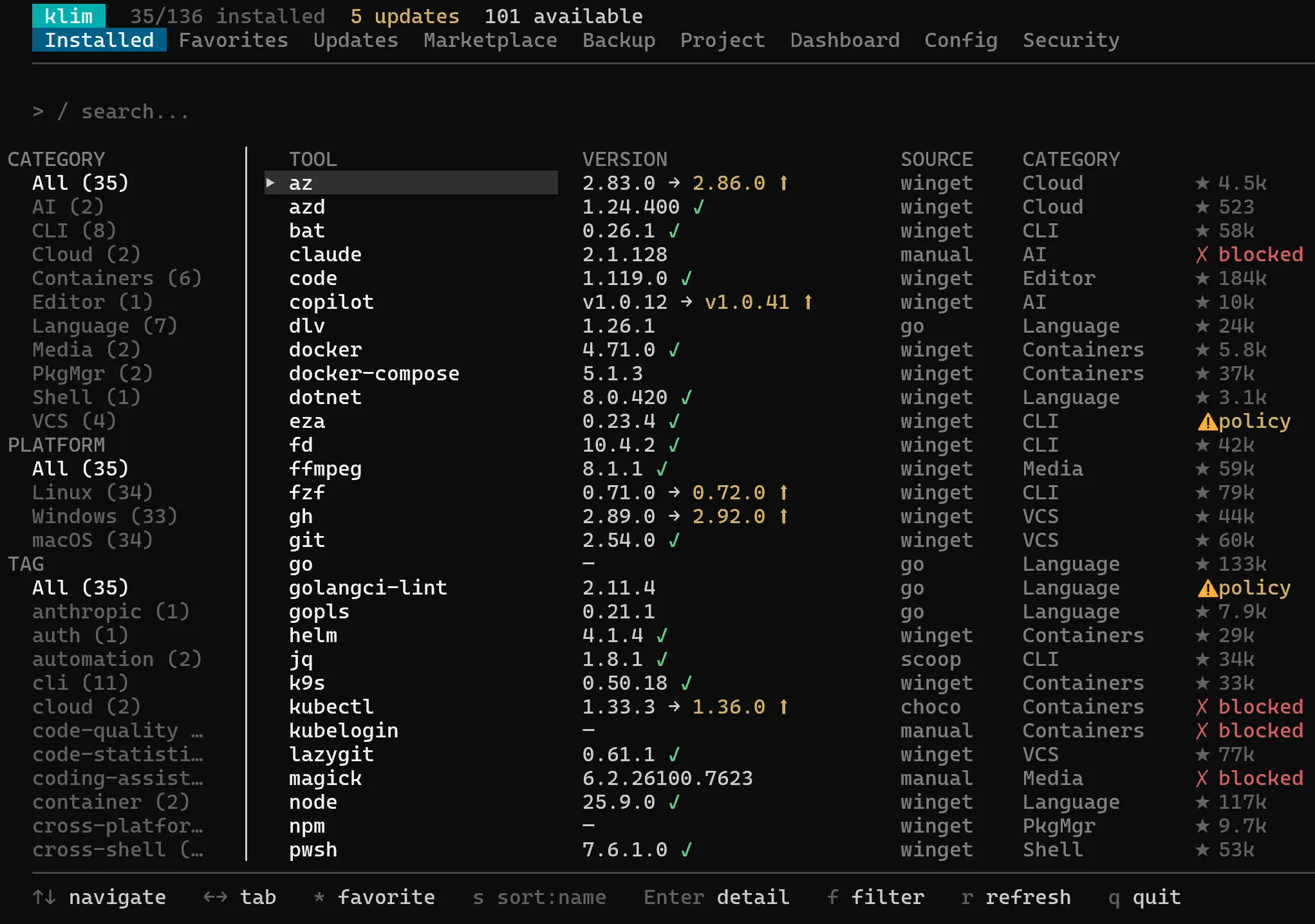 klim Installed view: every tool on the machine with version, install source, category, and GitHub stars