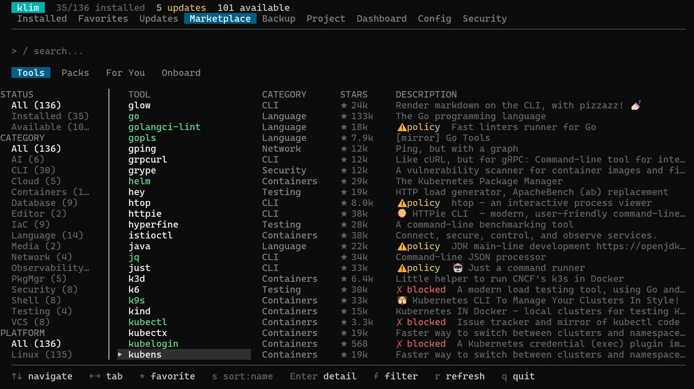 klim TUI Marketplace tab with sub-tabs and filter sidebar