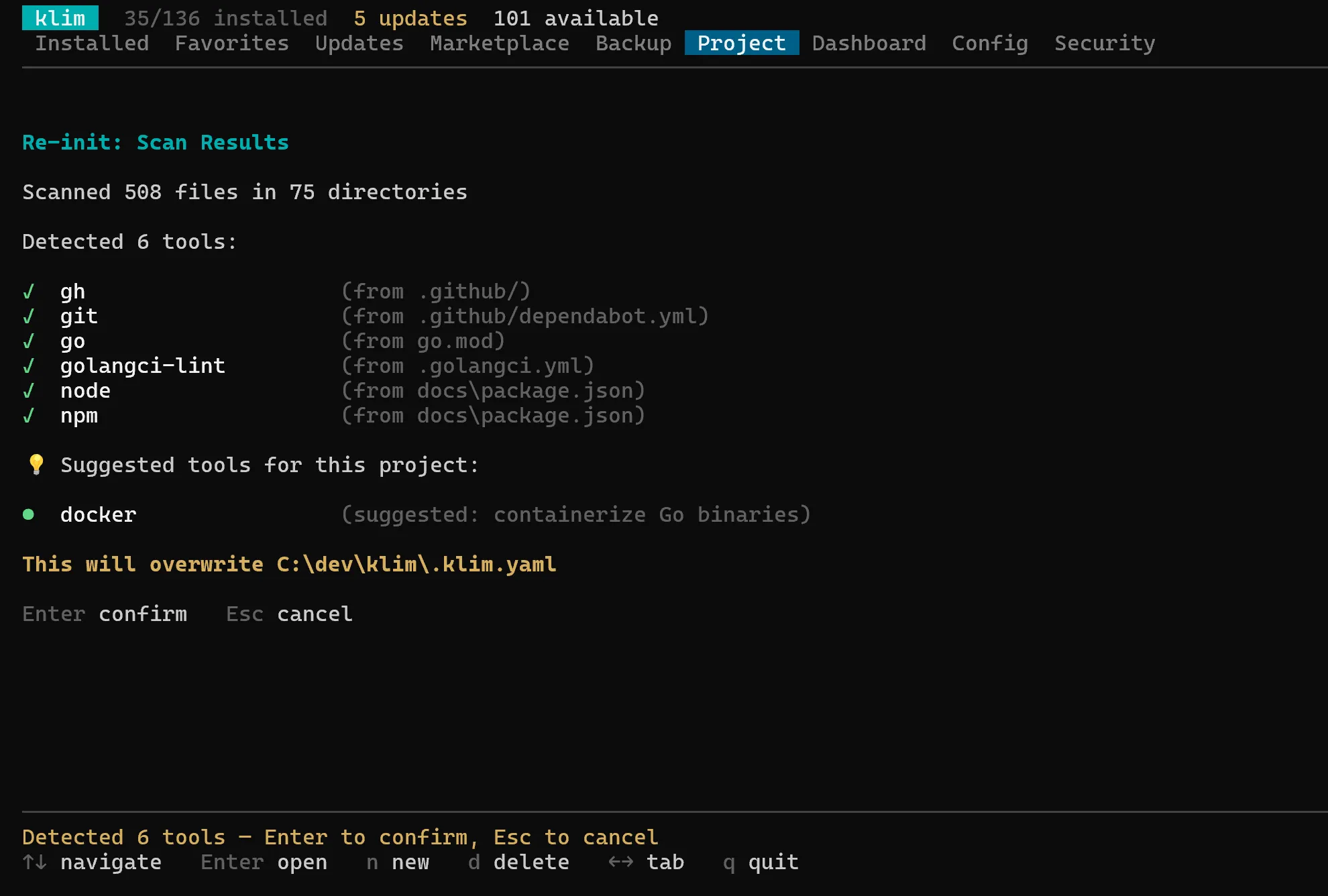 klim Project tab auto-detecting required tools from .github/, go.mod, and package.json