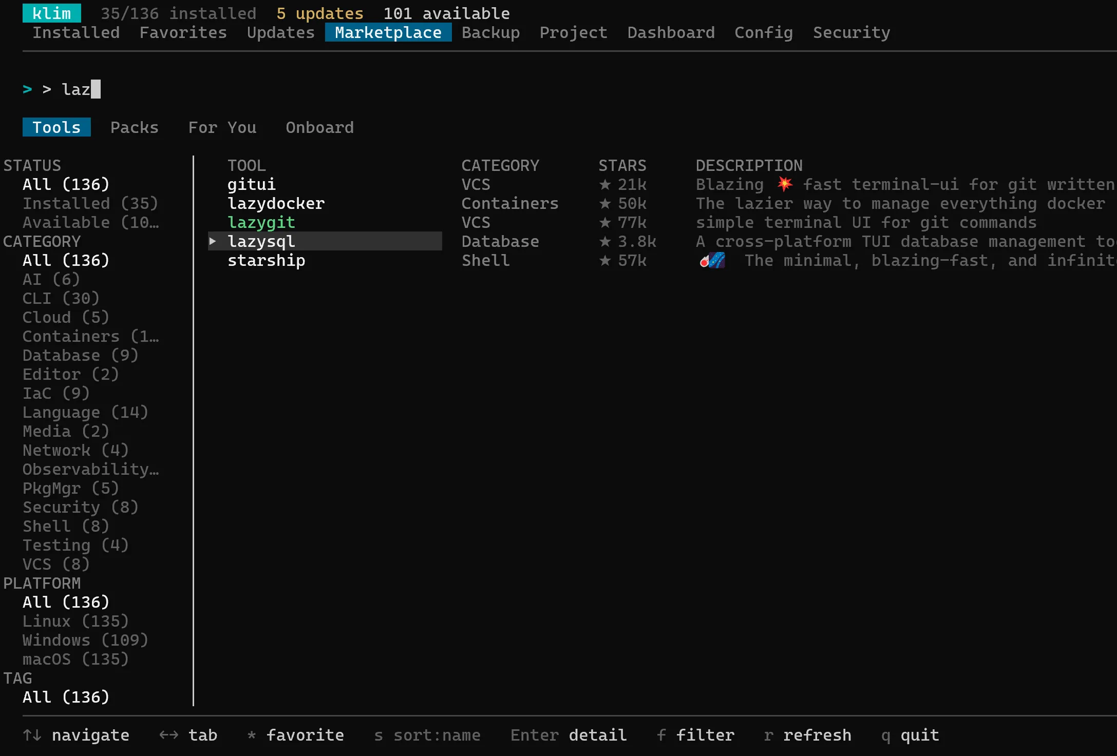 klim Marketplace tab with a live search filter for "laz" matching lazygit, lazydocker, lazysql, and others