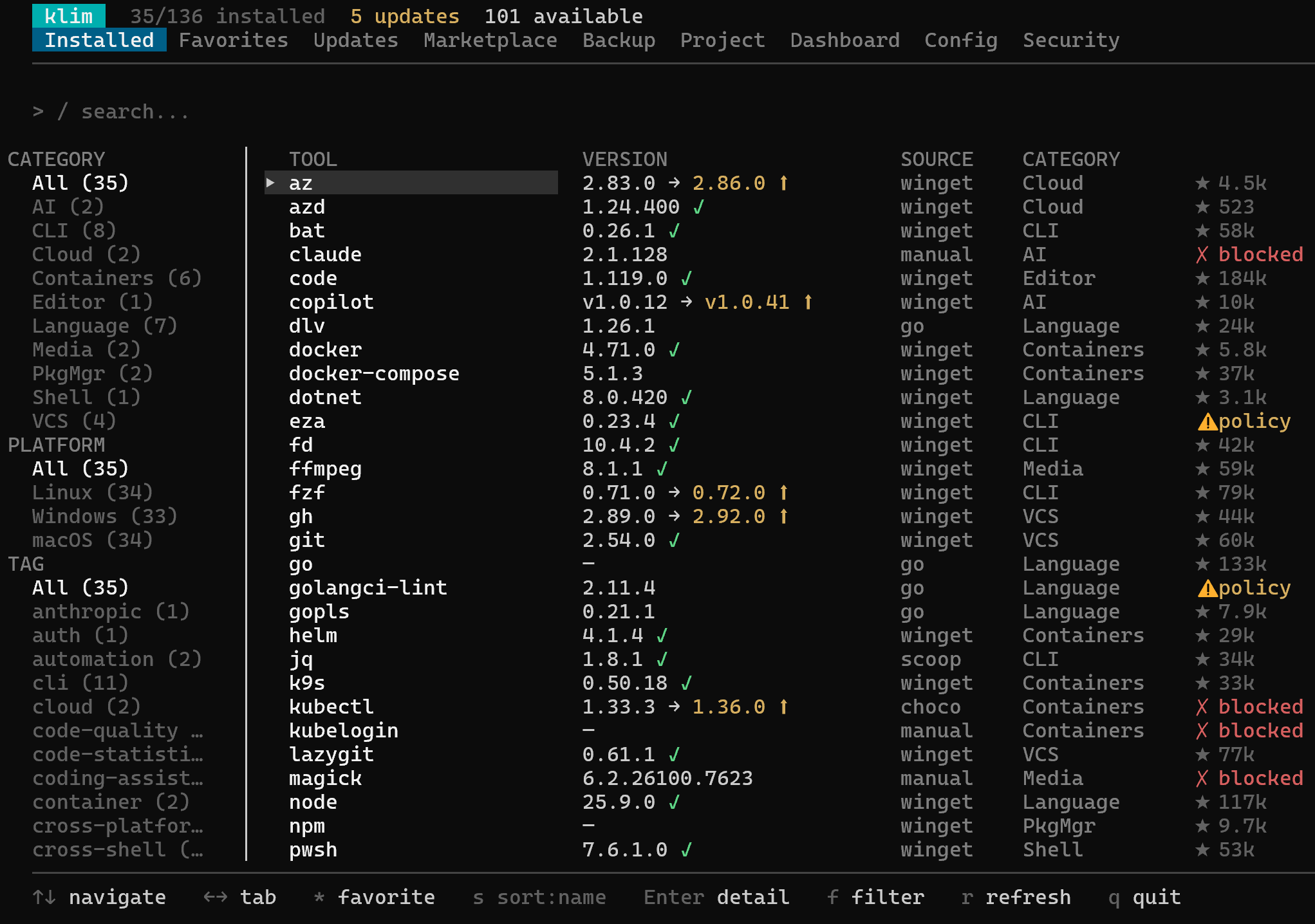 Installed — Every tool, every version, every install source — in one local inventory with category, platform, and tag filters.