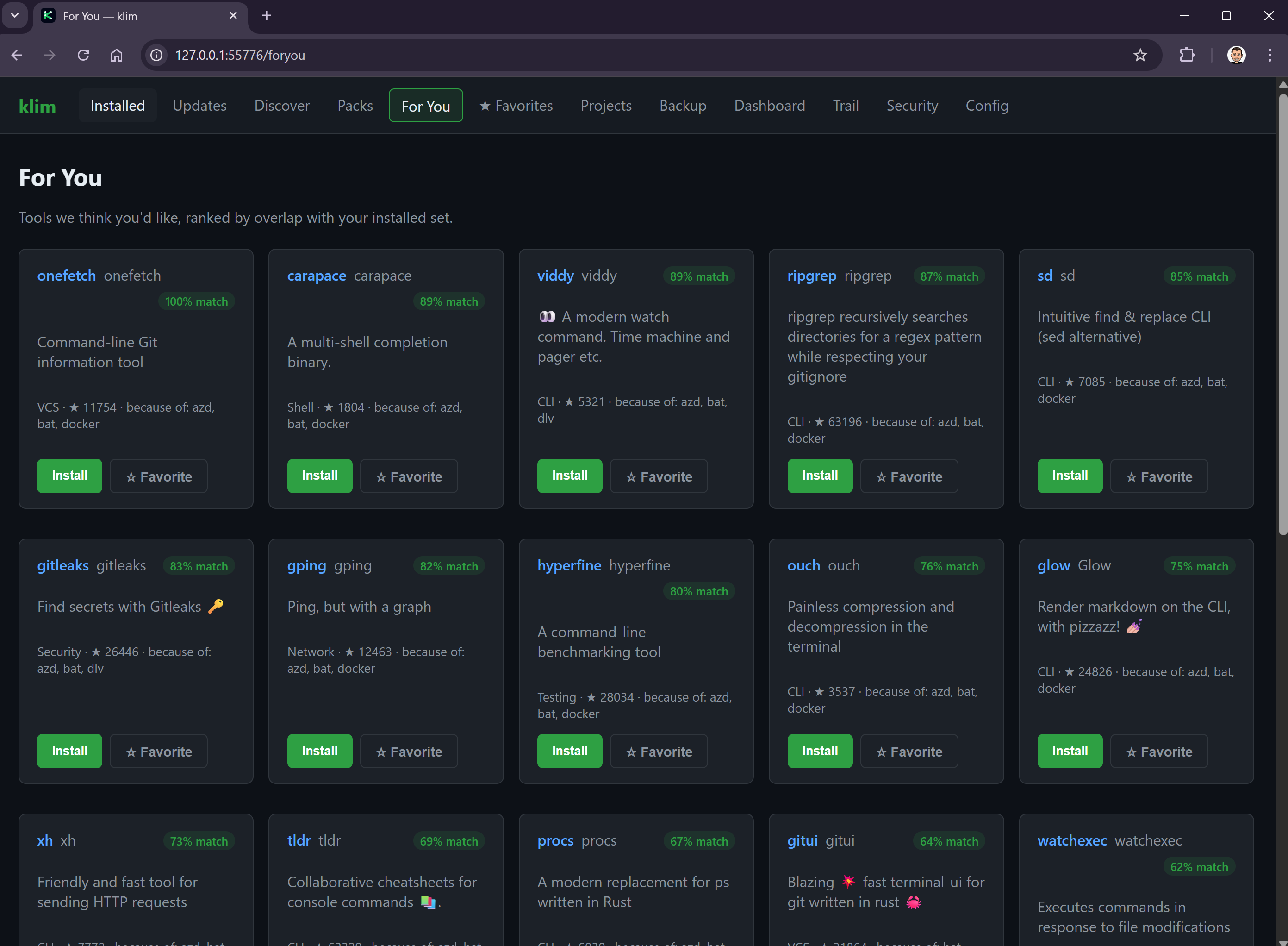 Local browser — Prefer a browser? `klim browser` serves the same data as a local web app — same actions, same recommendations.