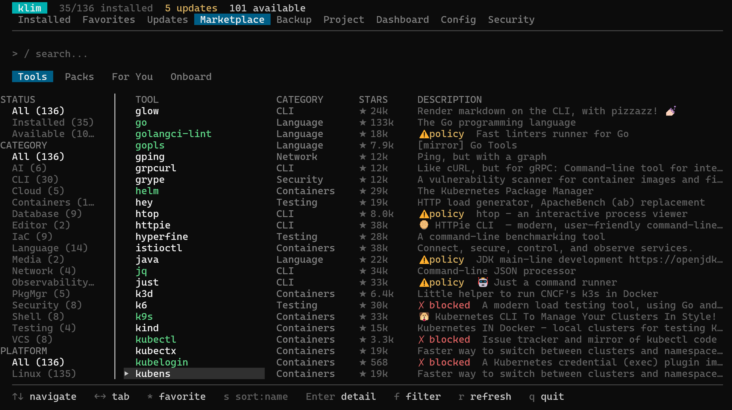 Marketplace — 110+ curated tools, ranked by GitHub stars, with category, description, and policy / blocked indicators.