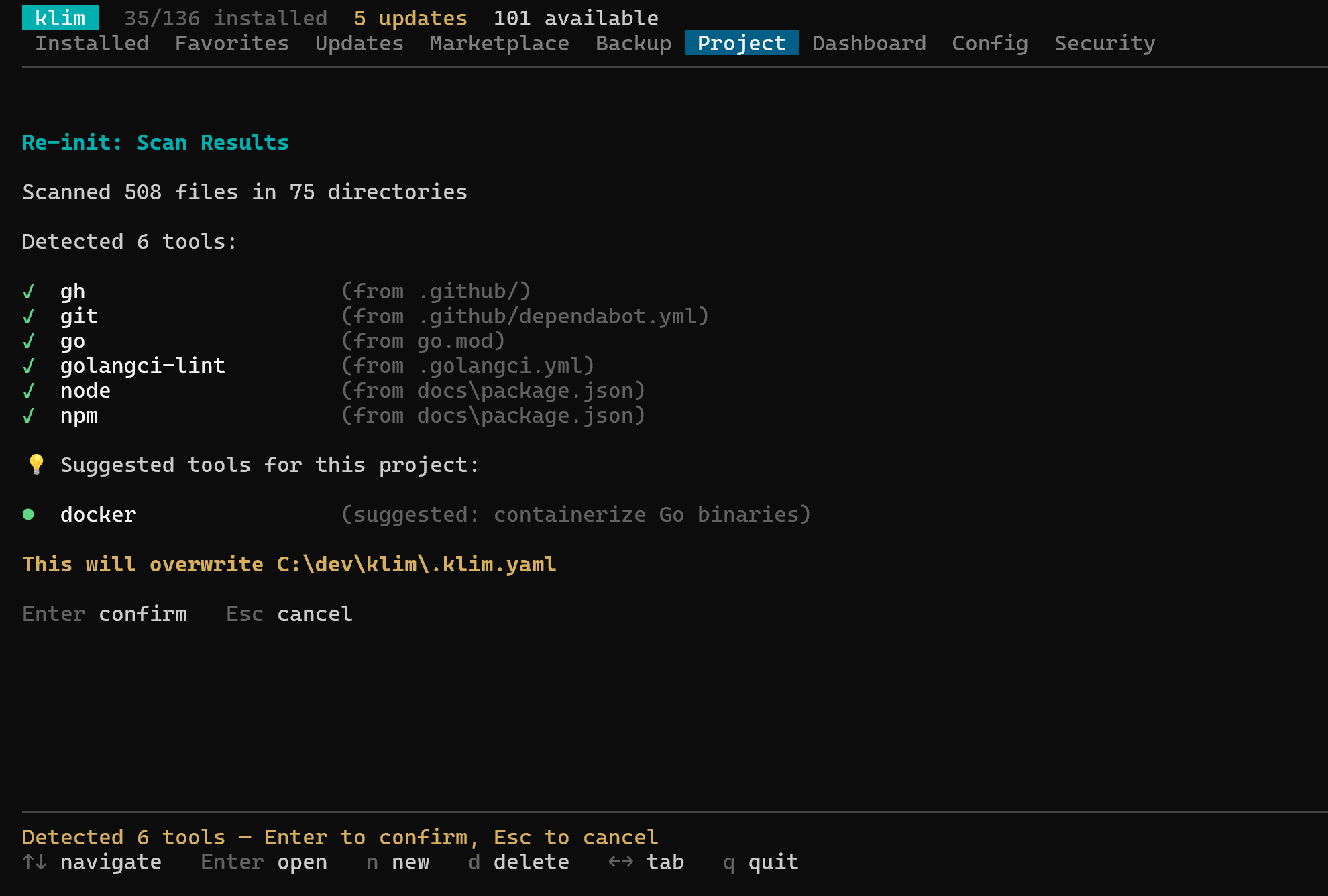 Project scan — Detect required tools from .github/, go.mod, package.json, and friends. One Enter and .klim.yaml is written.